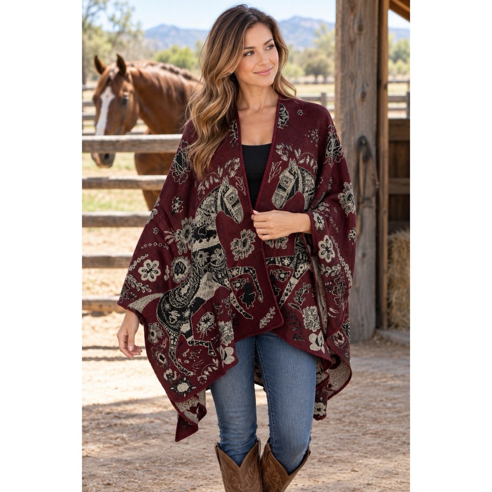Unbranded Burgundy Horse Floral Ruana Wrap Poncho Shawl Boho Equestrian Western